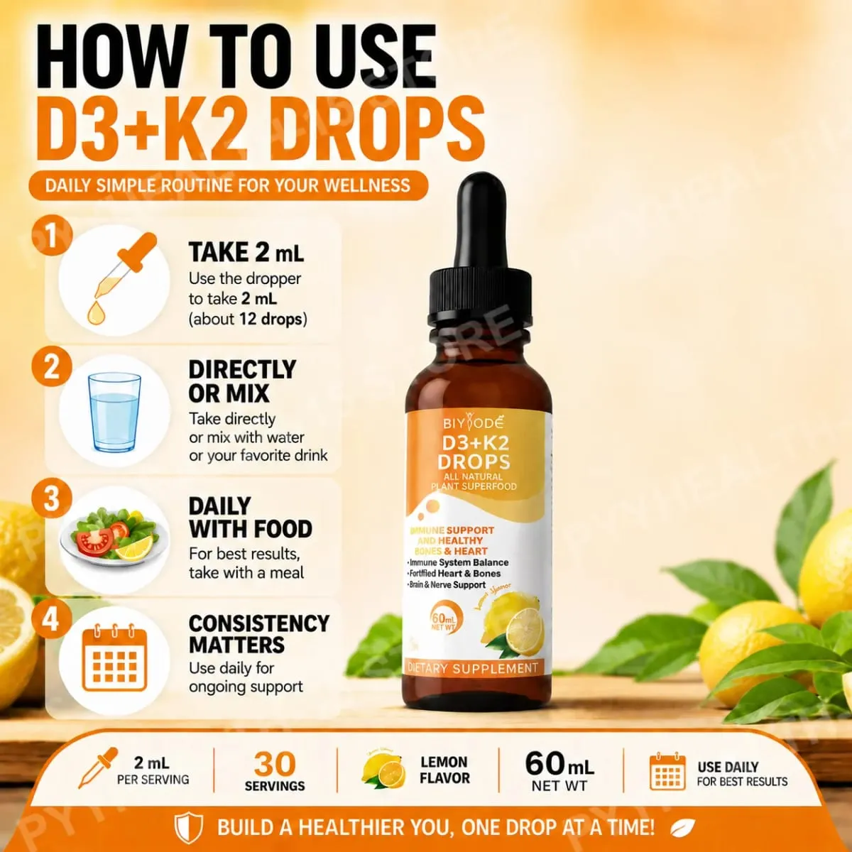 Vitamin D3 K2 Liquid Drops Calcium Absorption and Bone Support 1000 IU D3 with K2 Lemon Flavor 60 ml 30 Servings