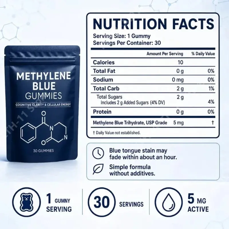 Methylene Blue Compound Gummies 5mg 30/60 Ct Blueberry Flavor para sa Sustained Energy Mental Clarity at Mood Cellular Support