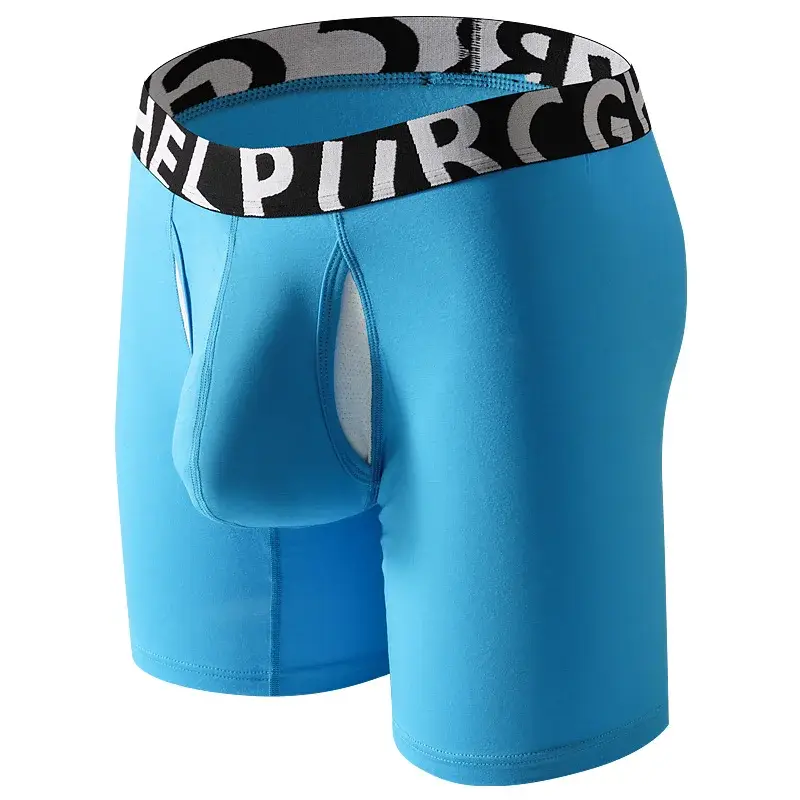 Men's Long Leg Cotton Boxer Briefs with Scrotum Pouch Anti-Chafing U Convex Separation Sports Underwear for Comfort