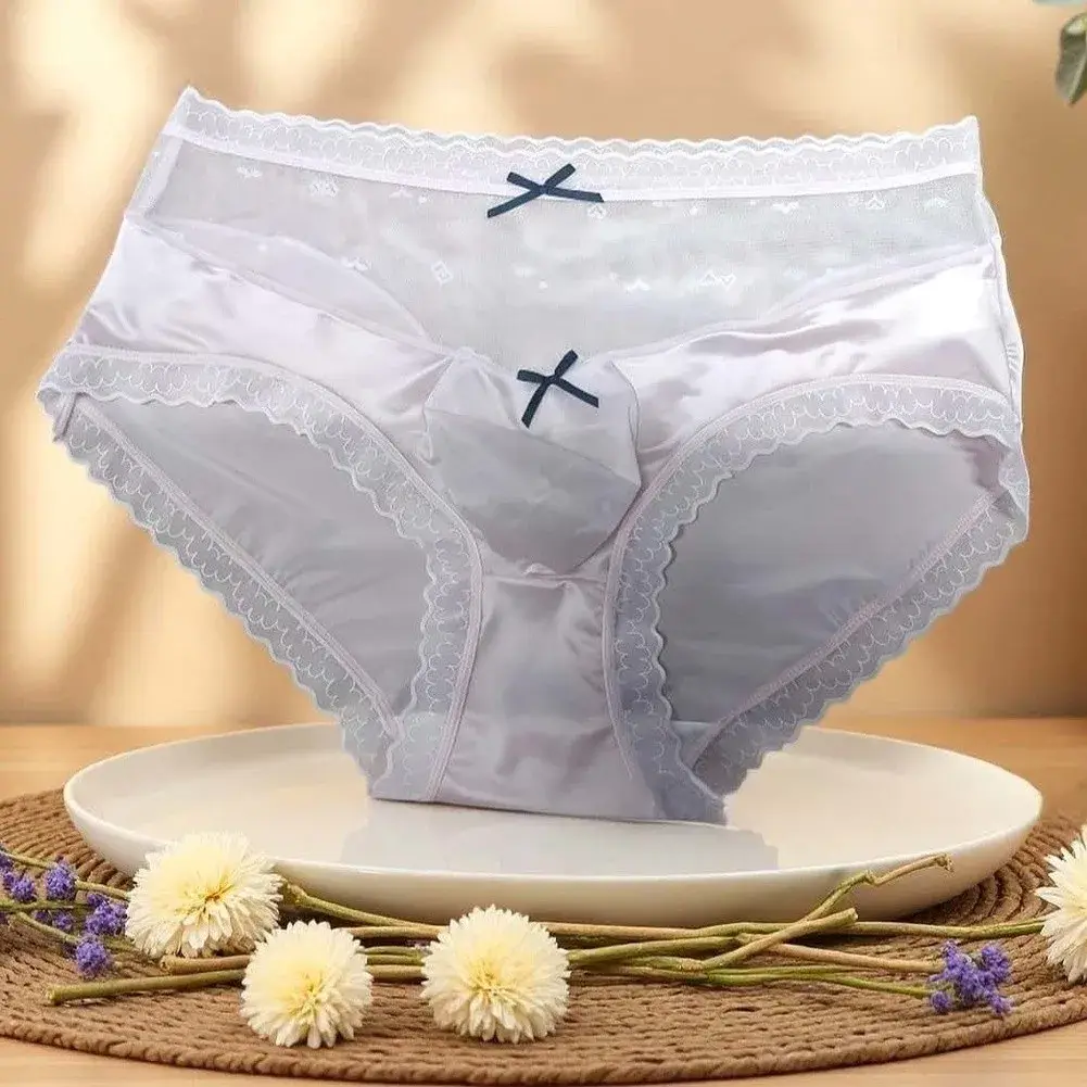 Men Satin Lace Brief Underwear Sweet Bow Decoration Sheer Mesh Waistband Scalloped Lace Trim Soft Smooth Fabric Sexy Male Briefs