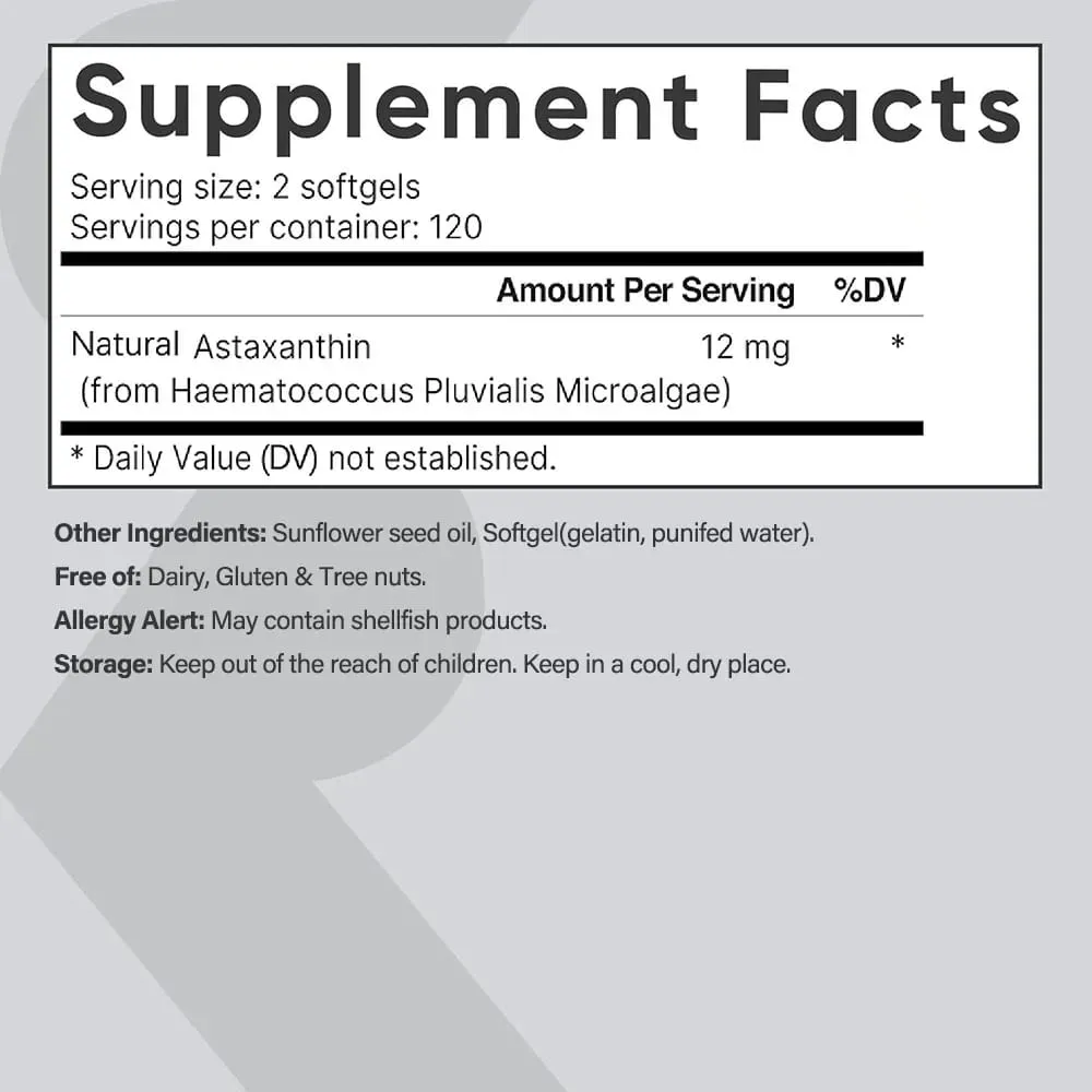 Astaxanthin 12mg Premium Astaxanthin תוספי נוגדי חמצון | תומך במחזור הפנימי של מפרק העין בבריאות העור | שִׁזוּף