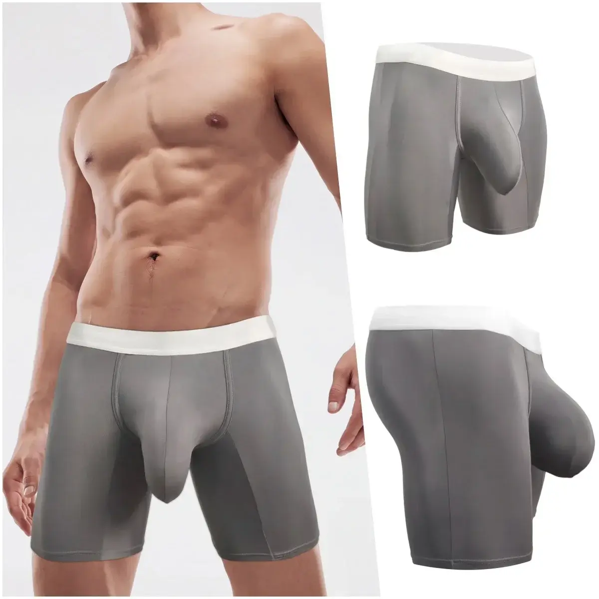 Men Ice Silk Boxer Briefs Deep U Convex Pouch Breathable Cool Quick Dry Sports Running Underwear Anti Chafe Seamless Underpants