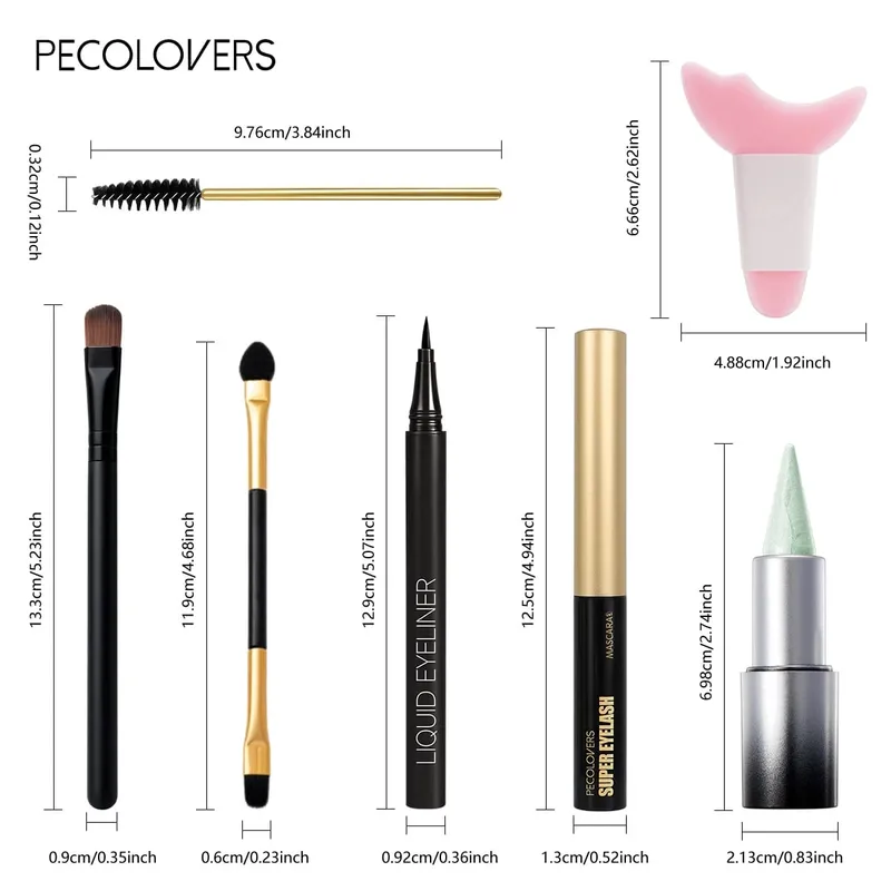 7 stks/set Groene Oogschaduw Stick + Zwarte Eyeliner + Mascara + Kwastenset – Shimmer & Matte Afwerking Waterdicht Gladde toepassing