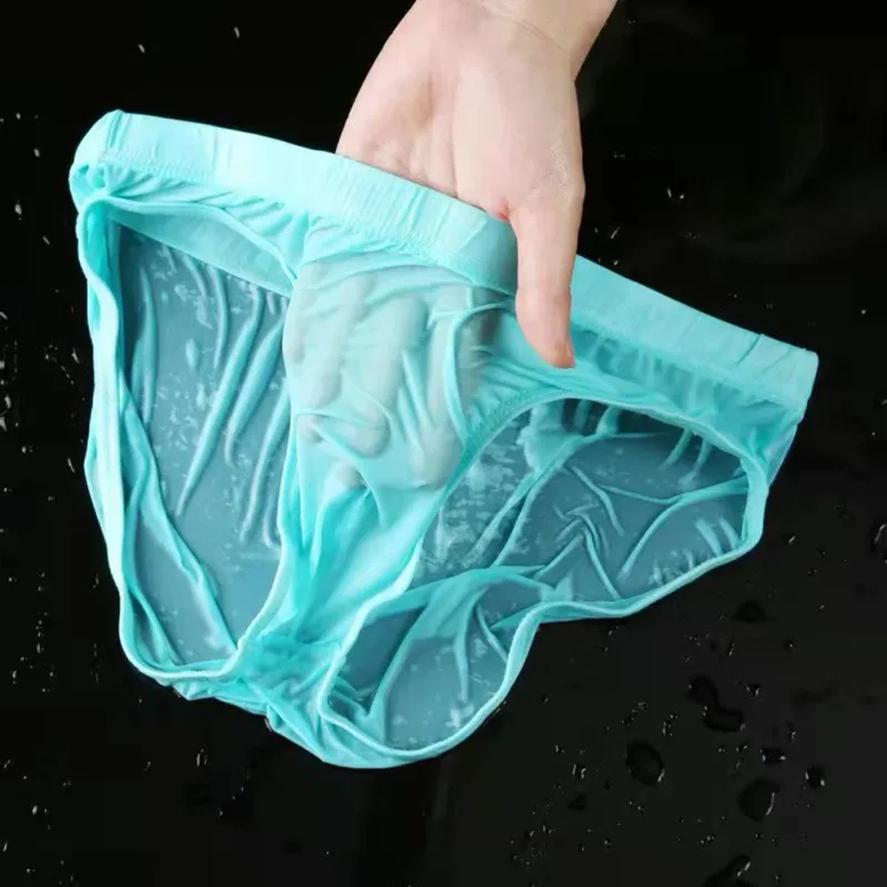 Men Sexy Sheer Ice Silk Briefs Underwear Quick-Dry U Convex Pouch Breathable Low-Waist Underpants Summer Cooling