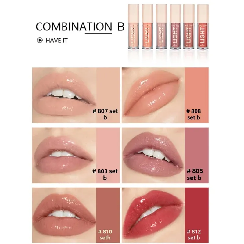 6 PCS Lipgloss Set Liquid Lip Stain Makeup for women Non Stick Cup Mirror Light Lip Glosses Long lasting Lip Gloss Kit Cosmetics