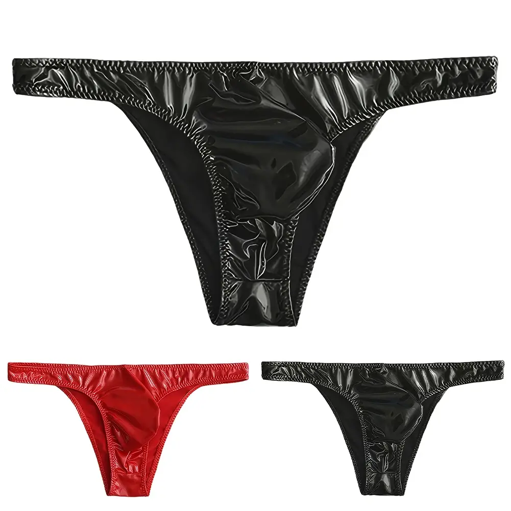 1pc Men Glossy Faux Leather Briefs Bulge Pouch Wide Waist Low Rise Underwear Erotic Lingerie Half-exposed Butt Gay Sissy Briefs