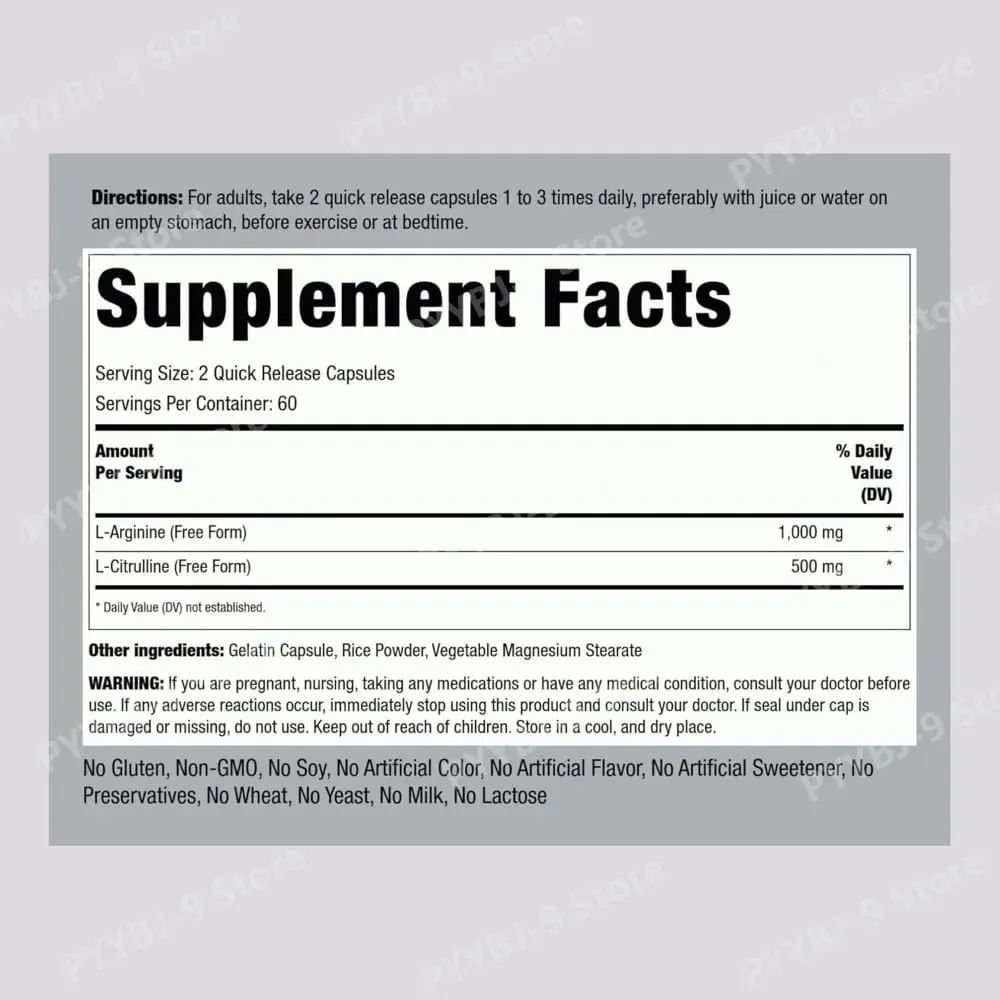 1500 mg L-αργινίνη & L-κιτρουλίνη ανά μερίδα Δωρεάν μορφή σύμπλεγμα αμινοξέων για άνδρες και γυναίκες 120 κάψουλες χωρίς γλουτένη χωρίς ΓΤΟ