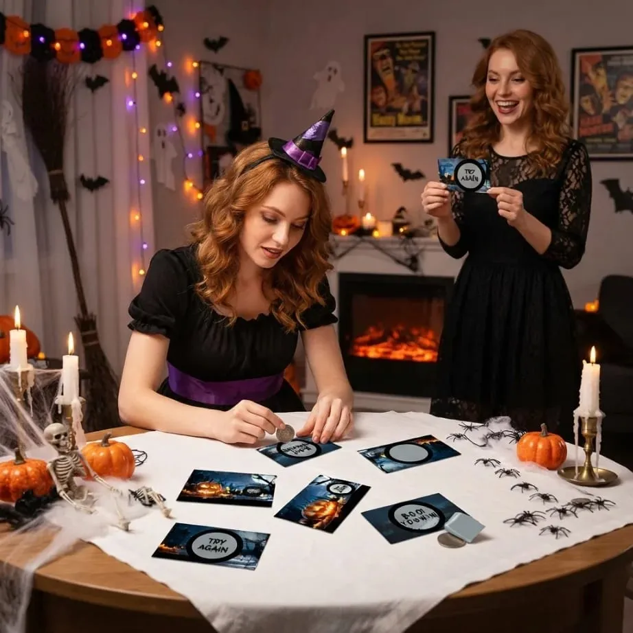 50 יחידות כרטיסי גירוד של ליל כל הקדושים - גרדו כדי לזכות ולפתוח פרסים; מושלם עבור פעילויות אינטראקטיביות בנושא ליל כל הקדושים.