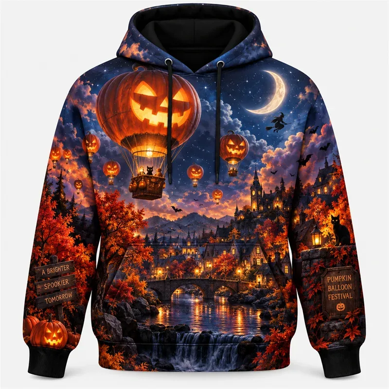 Hoodie Halloween 2026 Pulover Grafis Retro Petualangan Berhantu Pakaian Jalanan Malam Gotik Kerangka Hantu Labu Hutan Bulan Uniseks — image 3