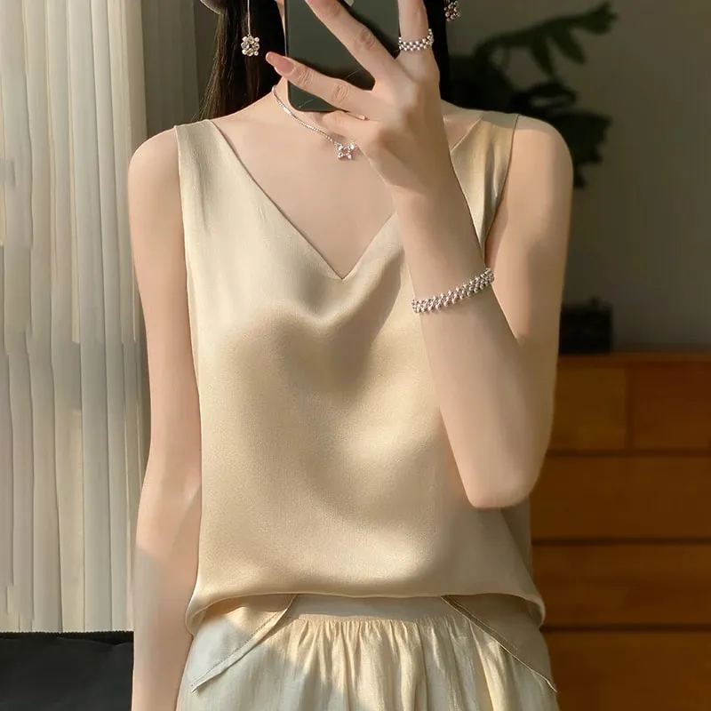 Νέο Lce Silk Satin Camisole Γυναικεία Άνοιξη/Καλοκαίρι μονόχρωμο αμάνικο σέξι άνετο μεταξωτό εσώρουχο RW-D09