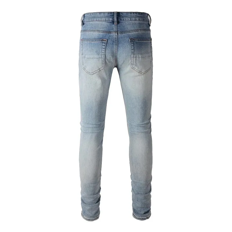 ג'ינס ג'ינס עם תיקון קריסטל לגברים Streetwear כחול מכנסיים מתיחה טלאים קרעים מכנסיים סקיני מחודדים במצוקה
