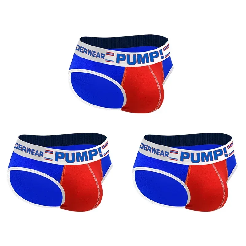 Men's Cotton Color Block Briefs, Pump! Logo Wide Waistband Low Rise Sexy 3D Convex Pouch Underwear 3256813080433415