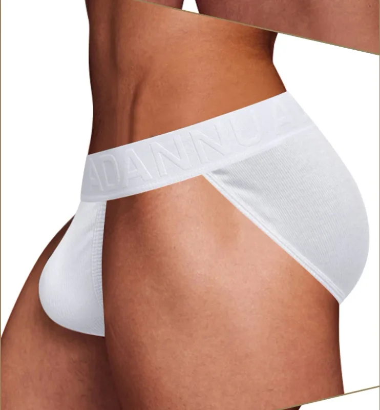 Men's Cotton Ribbed Skin-Friendly Bare Feel Convex Pouch Briefs, Embossed Letter Wide Waistband Slim Fit Underwear