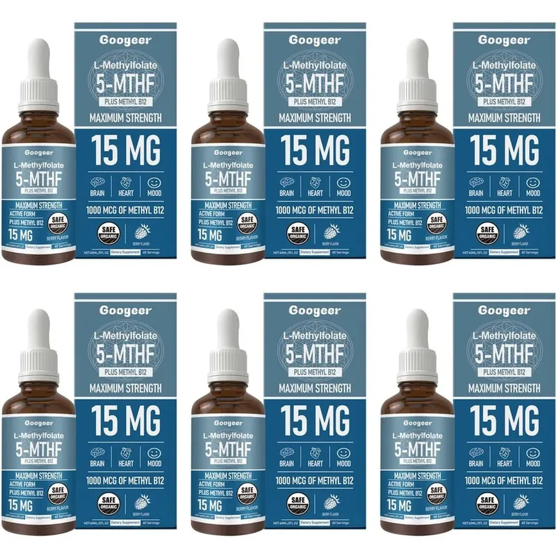 Googeer L-Methylfolate 5-MTHF טיפות נוזליות עם מתיל B12 15mg 1000mcg חוזק מקסימלי לב מוח תמיכת מצב רוח 60ml