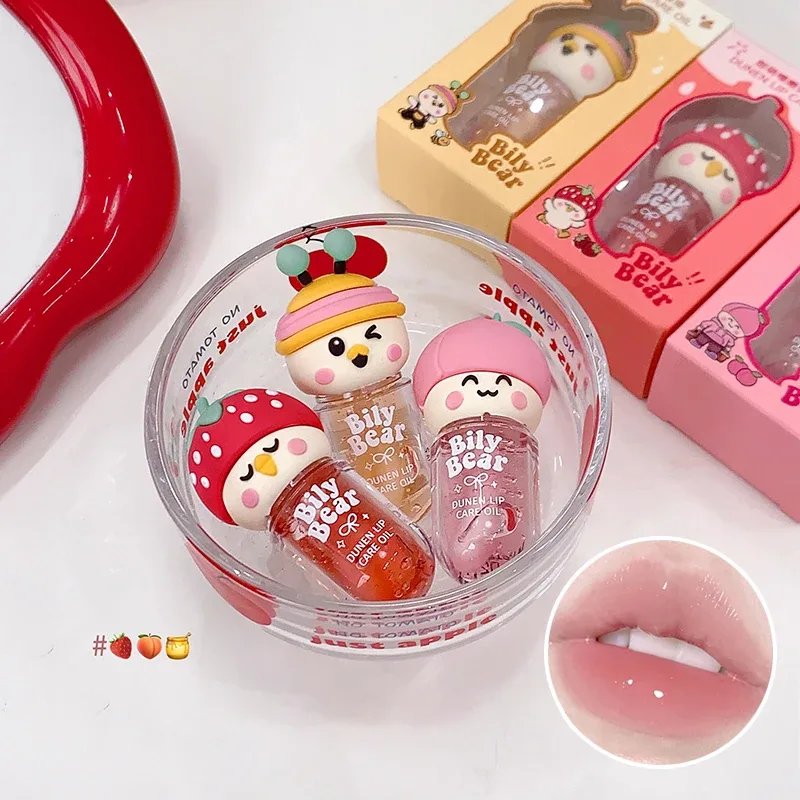 Minyak Bibir Jeli Madu Persik dengan Lip Gloss Stroberi Hidrasi Mengkilap Kosmetik Lipgloss Cermin Tahan Air Tidak Pudar Tahan Lama