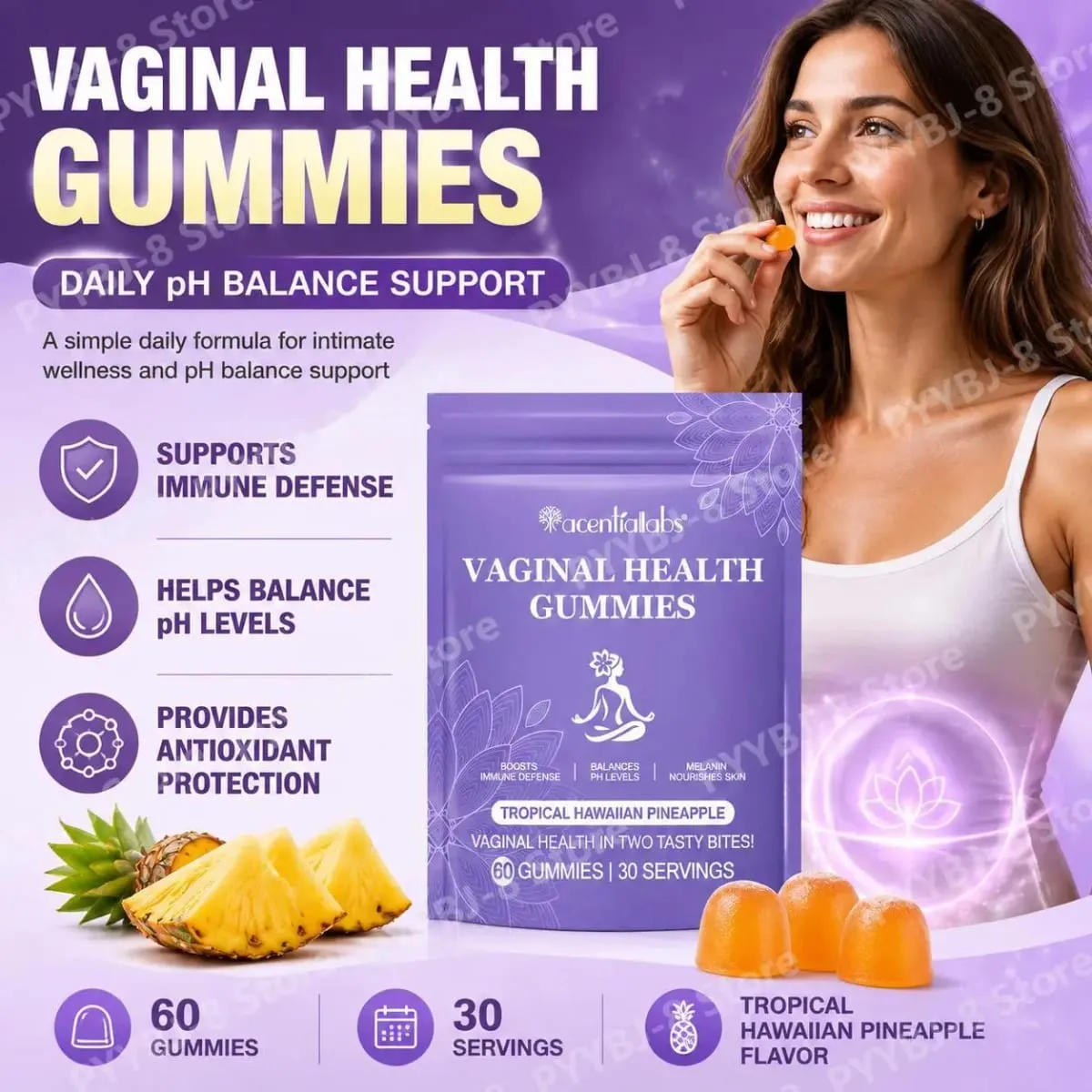 גומי בריאות נרתיק של Acentiallabs עם Bacillus Coagulans וויטמין C תומכים בהגנה חיסונית ובאיזון PH 60 גומי