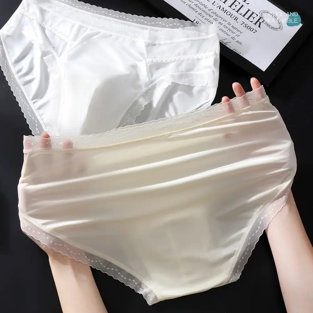 Men's Low Waist Triangle Underwear Sexy Elastic Lace Trim Silk Pouch Ultra-Thin Seamless Underpants plus Size Lingerie