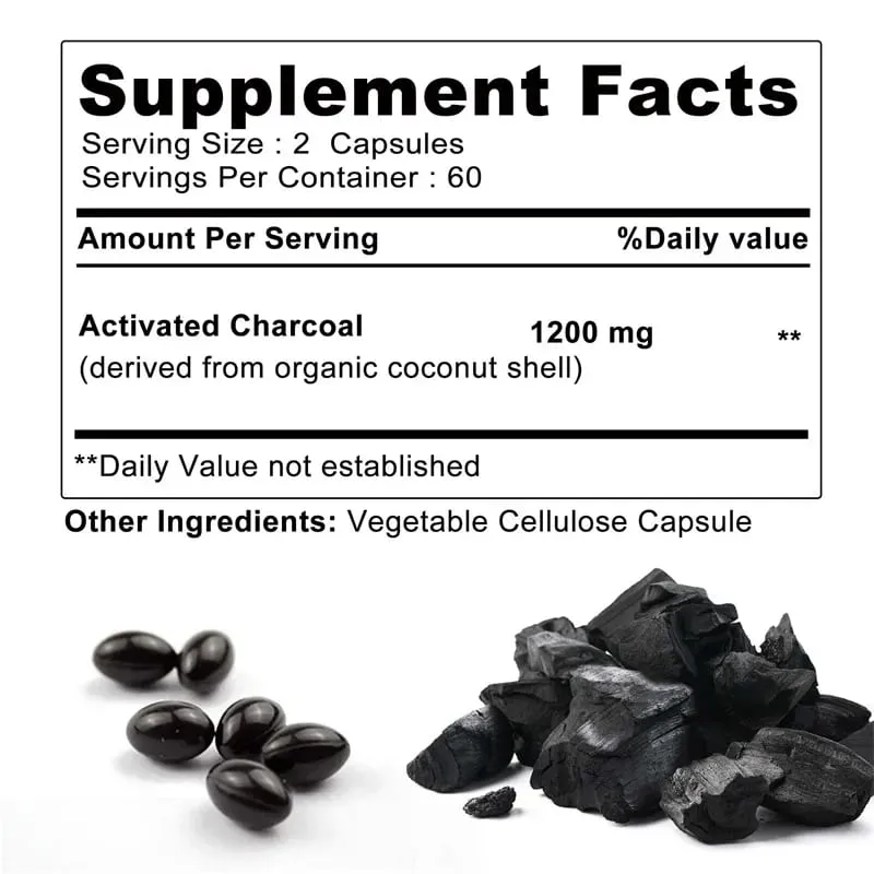Κάψουλες ενεργού άνθρακα 1 200 mg - Βιολογικό κέλυφος καρύδας που βοηθά στην ανακούφιση από αέρια και φούσκωμα, αποτοξίνωση και πεπτικό συμπλήρωμα εντέρου