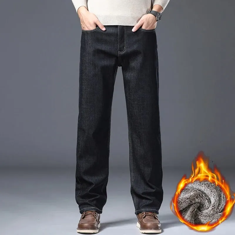 ג'ינס לגברים מרופד עבה ג'ינס חורף מתיחה חמה Slim Fit מכנסי ג'ינס מכנסיים רכים נוחים ללבוש יומיומי לעבודה