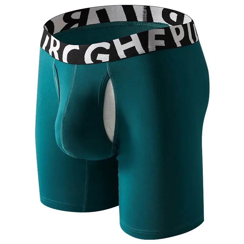 Men's Long Leg Cotton Boxer Briefs with Scrotum Pouch Anti-Chafing U Convex Separation Sports Underwear for Comfort
