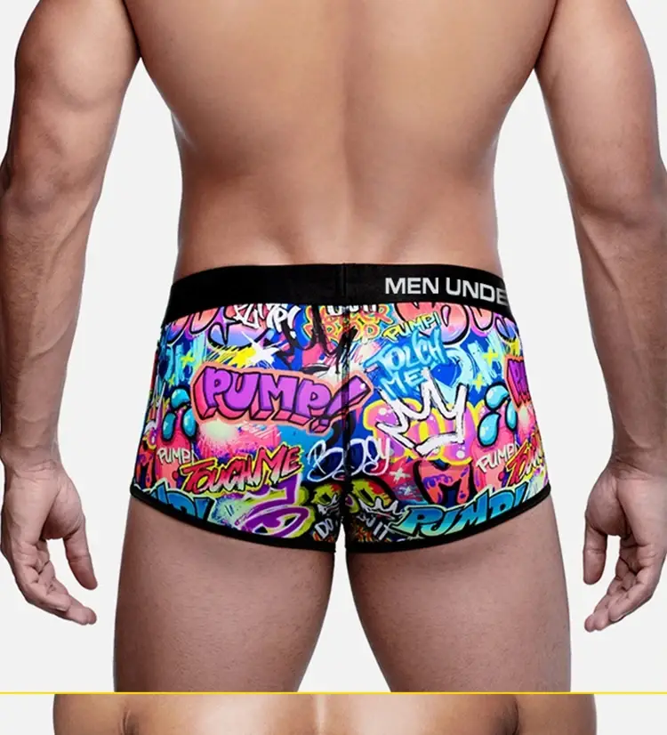1PCS Men's Cotton Nylon Blend Boxer Briefs All-Over Graffiti Print Wide Elastic Waistband Non-Tight Fashion Sport Underwear