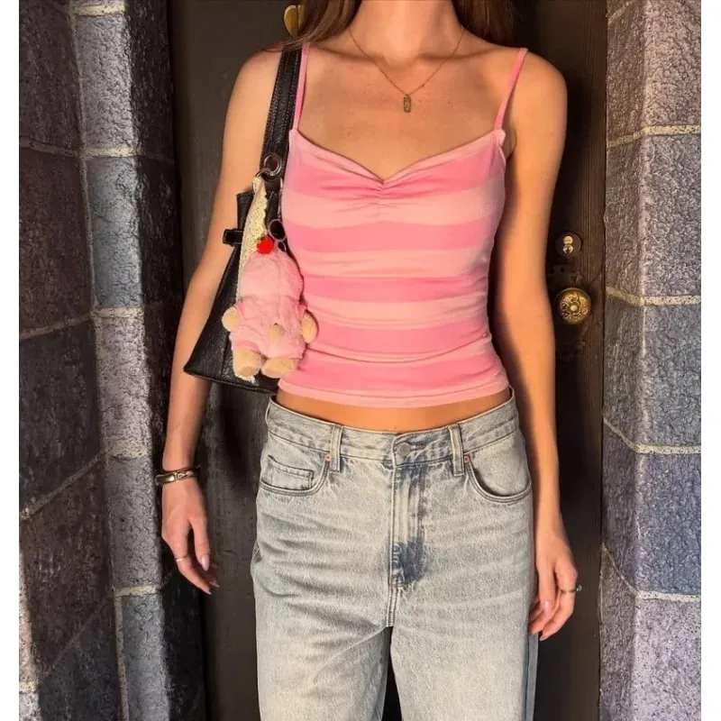Color Block Stripe Twist Μπροστινό λουράκι σπαγγέτι Cami Top Slim Fit Y2K Sweet Summer Sleeveless Tank Top