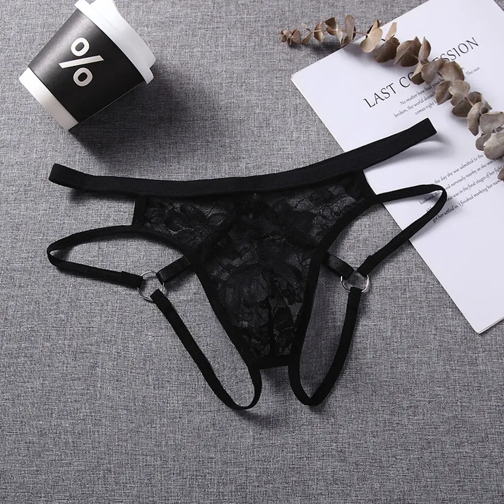 Sexy Underwear Men's G-Strings Exotic Lingerie Panties Sheer Lace Pouch Hollow Out Lace Flower Pattern Adjustable Waistband