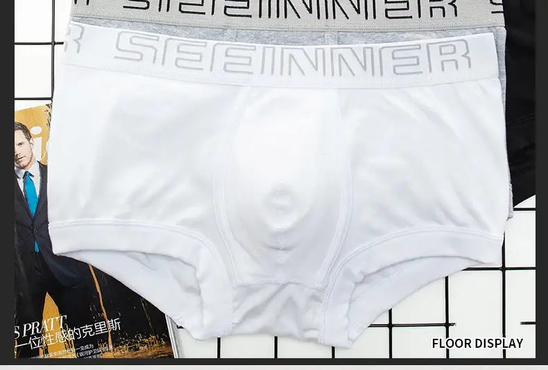 Seeinner Mens Boxer กางเกงขาสั้นผ้าฝ้าย U กระเป๋านูนชุดชั้นในนุ่มสบายกางเกง Cueca Masculina M-XXL สีดำสีขาวสีเทา