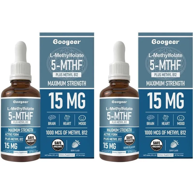 Googeer L-Methylfolate 5-MTHF טיפות נוזליות עם מתיל B12 15mg 1000mcg חוזק מקסימלי לב מוח תמיכת מצב רוח 60ml