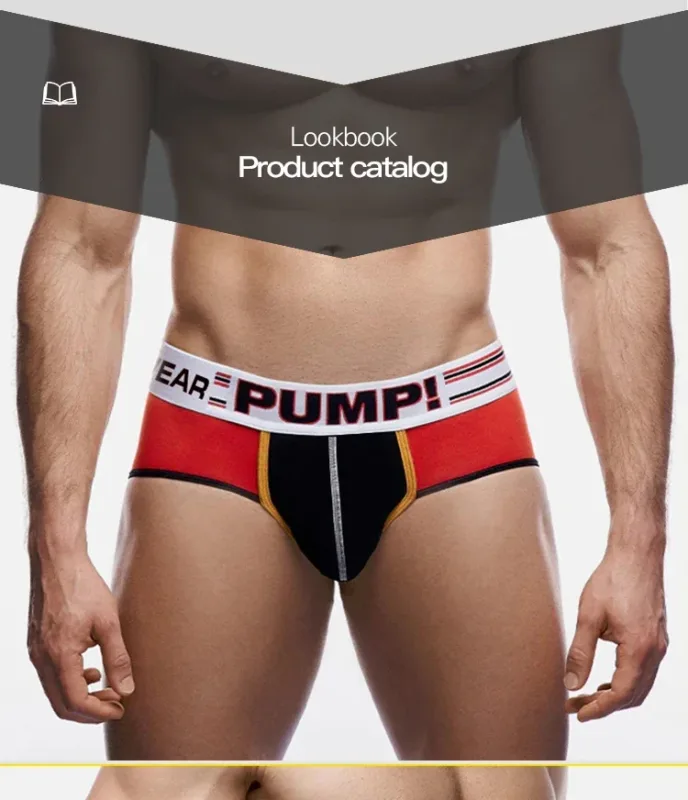 Men's Cotton Color Block Briefs, Pump! Logo Wide Waistband Low Rise Sexy 3D Convex Pouch Underwear 3256813080433415