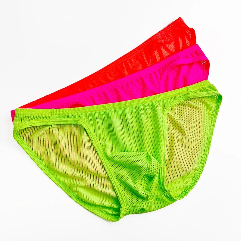 1PCS Men Neon Mesh Bikini Briefs Solid Color Elastic Waistband Multi Color Low Rise U Convex Pouch Breathable Quick Dry BS839