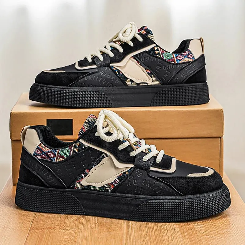 Férfi Vintage Patchwork Platform tornacipők – Etnikai törzsi mintás, alacsony szárú, szabadidős cipők Retro divatos sétacipők férfiaknak