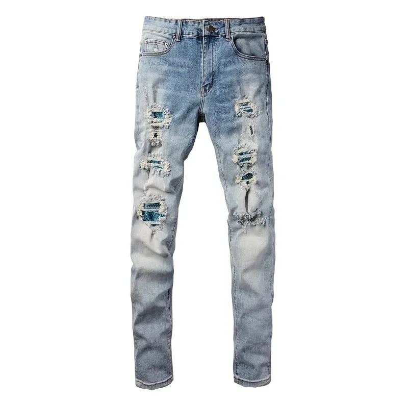 ג'ינס ג'ינס עם תיקון קריסטל לגברים Streetwear כחול מכנסיים מתיחה טלאים קרעים מכנסיים סקיני מחודדים במצוקה