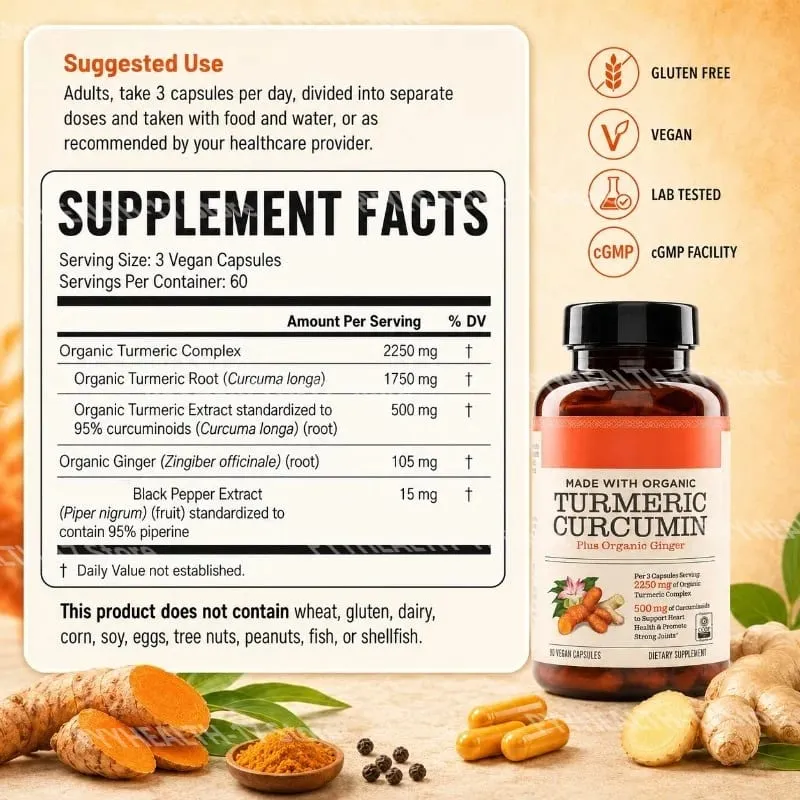 Οι κάψουλες Turmeric Curcumin Plus Vegan κατασκευασμένες με βιολογικό τζίντζερ υποστηρίζουν την υγεία των αρθρώσεων και την υγεία της καρδιάς Μη ΓΤΟ 90 Κάψουλες