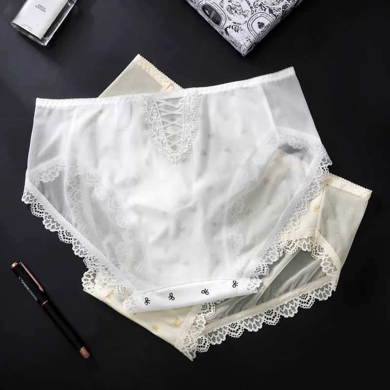 Sexy Lace Mens Briefs 3D Pouch Floral Edge High Elastic Sweet Heart Bow Print Mesh Splicing Underwear