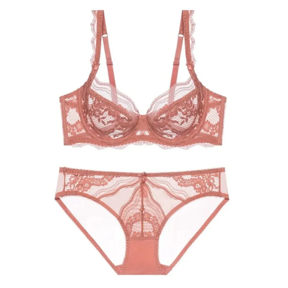 Plus Size Full Bust Minimizer Σετ σουτιέν Sheer Floral Lace Thin Anti Sag Support Διάφανα εσώρουχα Γυναικεία αναπνέοντα οικεία
