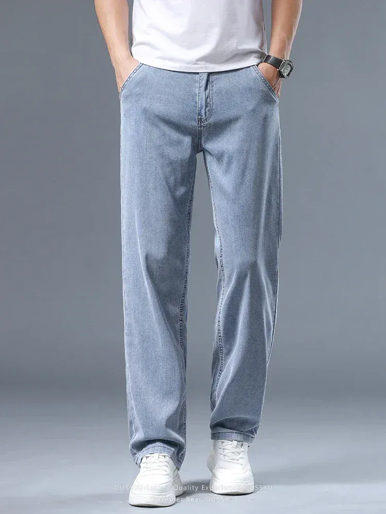 קיץ דקים גברים ג'ינס רופף ישר Lyocell Soft Drape Business Casual מכנסיים מעשן אפור אייס משי מכנסיים פלוס מידה 40 42