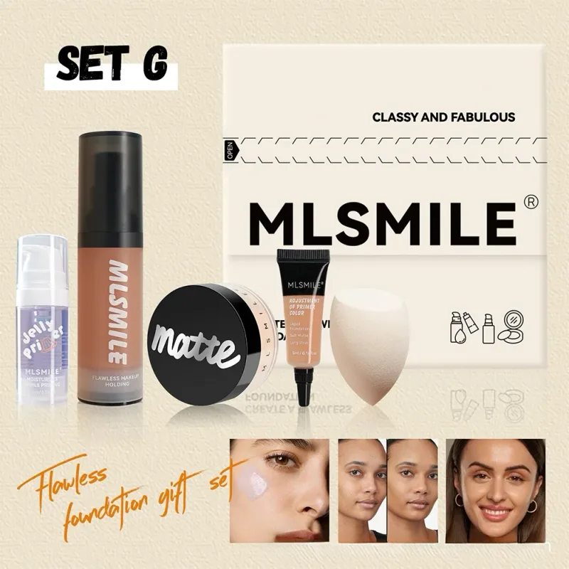 All in One Face Makeup Set Liquid Foundation Powder Primer and Egg for Long Lasting Matte Finish