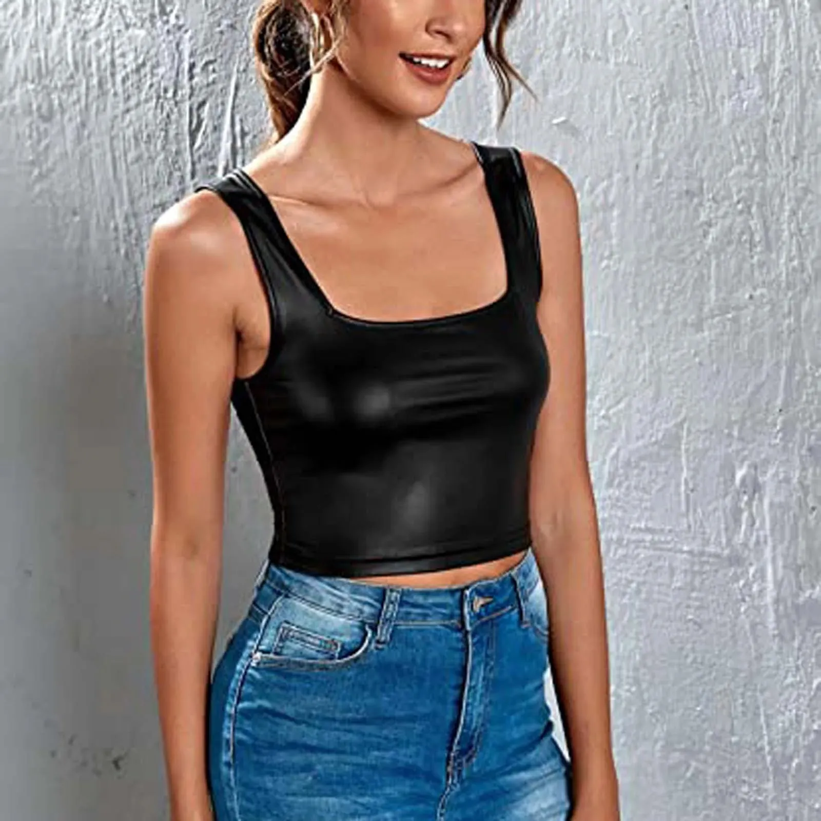 PU Leather Tank Tops Women Sexy Black Bustiers Deep V-Neck Spaghetti Strap Corset Vest Nightclub Cropped Tops Women Vest