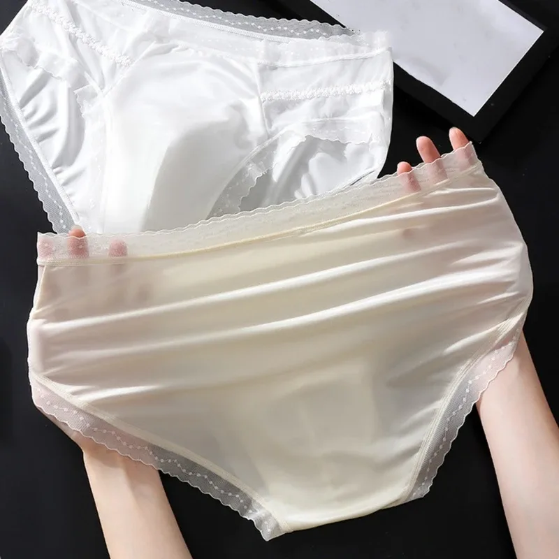 Men's Sexy Lace Thin Briefs Seamless Underware Ice Silk Brief 3D Bulge Pouch Panties Sleep Bottoms Breathable Male Underpants