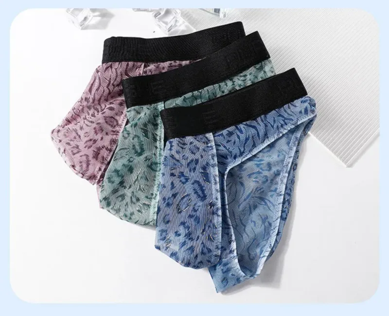Men's Separate Dual Pouch Briefs Summer Ice Silk Seemless Sheer Panties Breathable Mesh Leopard Print Travel Quick-dry Underwear