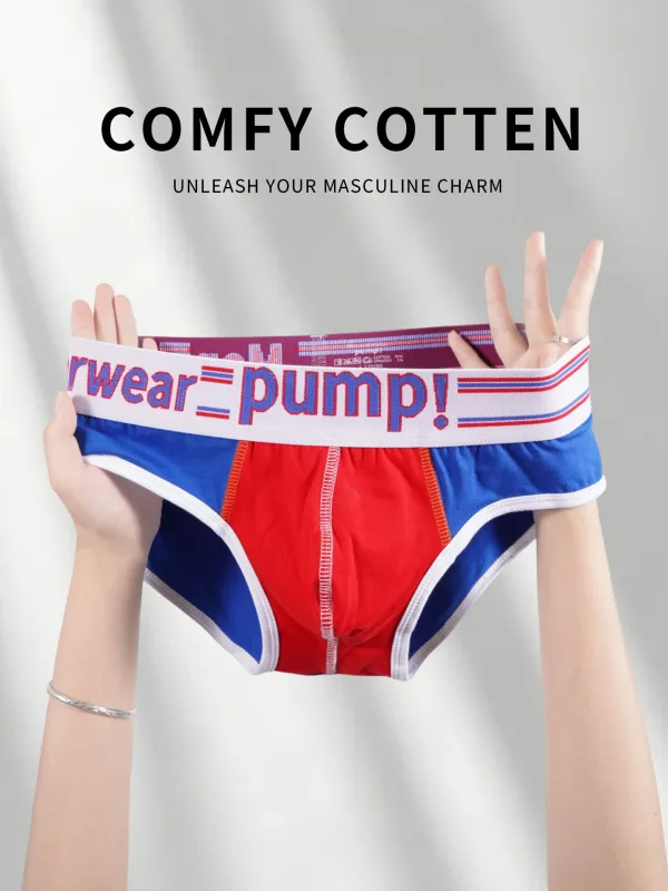 Men's Cotton Color Block Briefs, Pump! Logo Wide Waistband Low Rise Sexy 3D Convex Pouch Underwear