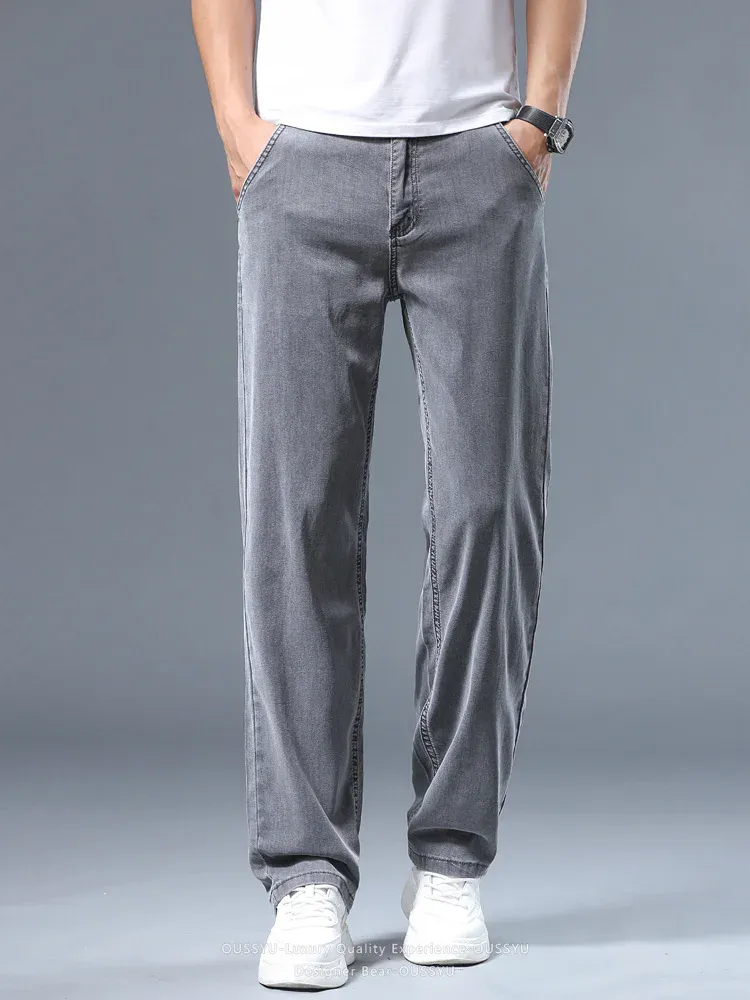 קיץ דקים גברים ג'ינס רופף ישר Lyocell Soft Drape Business Casual מכנסיים מעשן אפור אייס משי מכנסיים פלוס מידה 40 42
