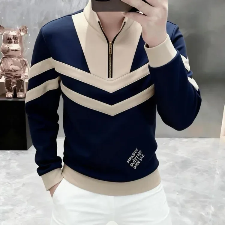 Sudaderas con cuello levantado de lujo para hombre, Sudadera con capucha empalmada a la moda, sudaderas informales cómodas y versátiles, ropa para hombre 2026
