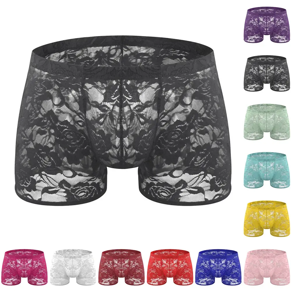 Men See Through Lace Boxer Shorts Bulge Pouch Low Waist Underwear Solid Panties Elastic Waist Breathable Transparent Underwear