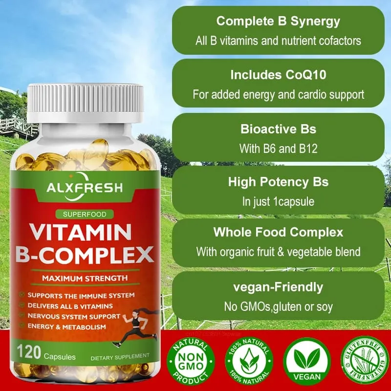 Alxfresh B-Complex Vitamin Supplements (B12 B1 B2 B3 B5 B6 B9 Folic Acid &Biotin) Immune & Energy Support