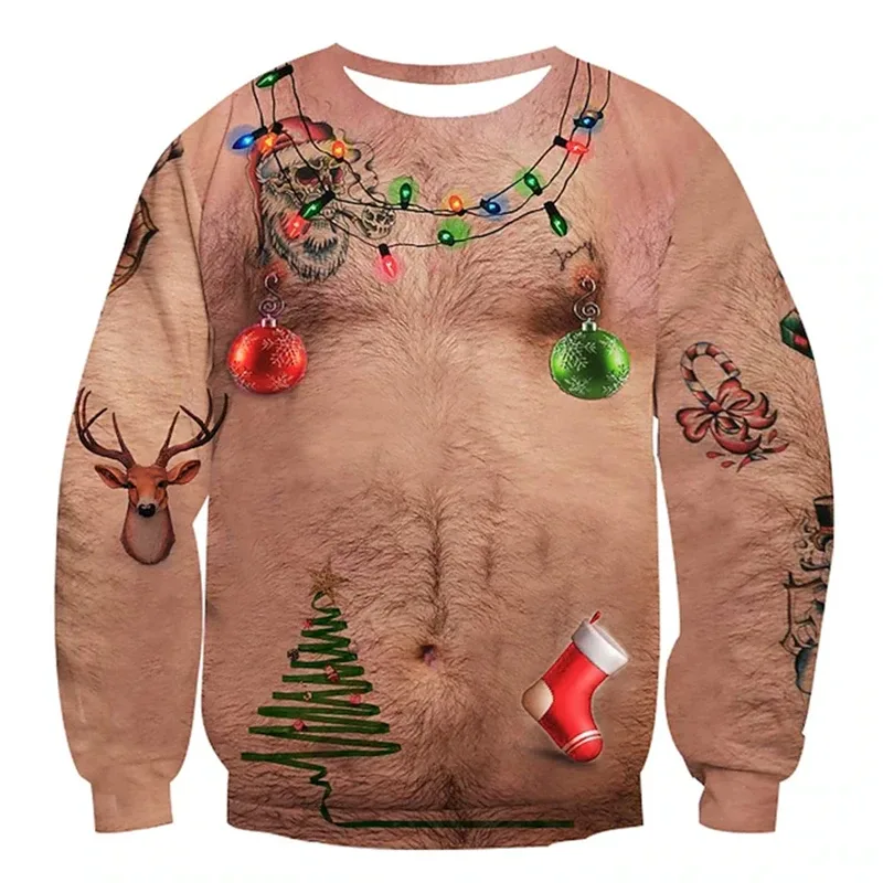 Pull de noël moche pour hommes, impression 3D drôle, motif musculaire, nouvelle mode, Costume de Cosplay de fête, cadeau de noël