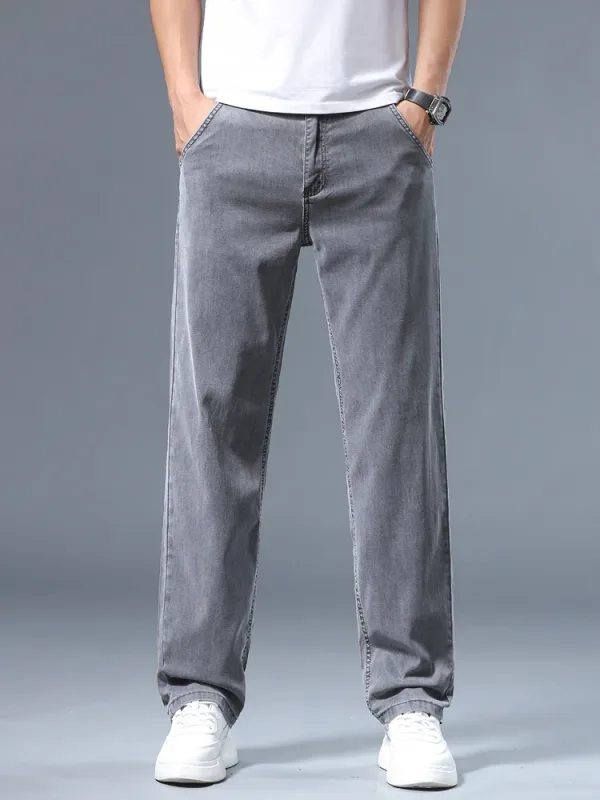 קיץ דקים גברים ג'ינס רופף ישר Lyocell Soft Drape Business Casual מכנסיים מעשן אפור אייס משי מכנסיים פלוס מידה 40 42