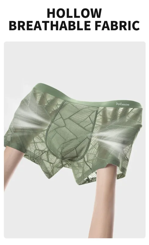 MiiOW 3Pcs Hollow-out Ice Silk Men Underwear Boxers Silky Breathable Man Underpants 10A Antibacterial Crotch Men's Boxer Panties