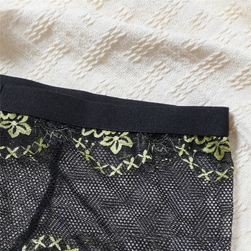 Men Lace Jacquard Mesh Boxer Shorts Underwear Hollow Temptation Exotic Trunks Silk Soft Quick Dry Breathable Sexy Panties
